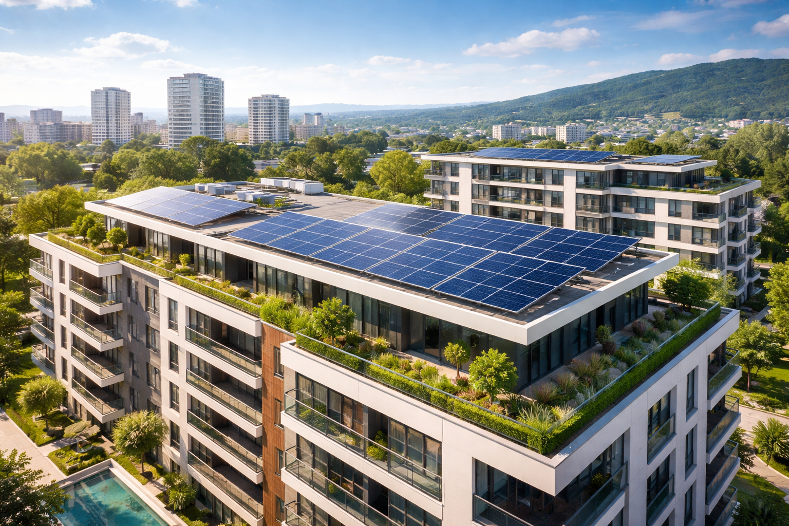 Edificio residencial moderno con paneles solares en la cubierta